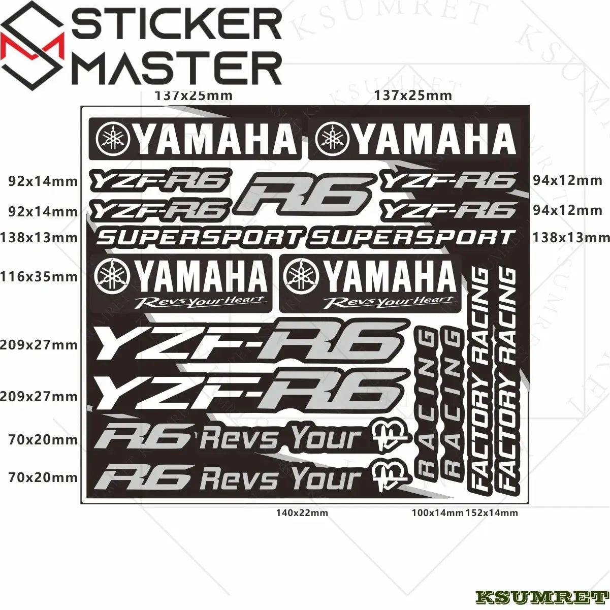 Yamaha R6 Sticker Seti | YZF-R6 ve Supersport Logo Decal Kiti (Su Geçirmez) Sticker Master