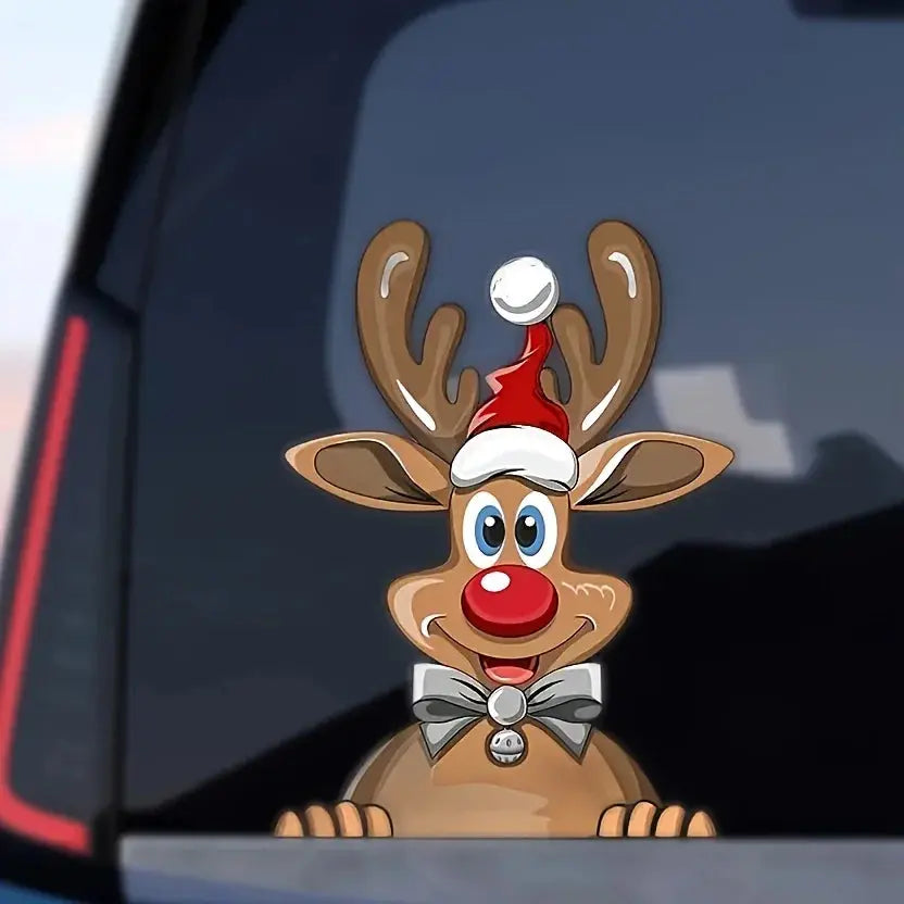 Yılbaşı Araba Sticker | Noel Baba Şapkalı Geyik Cam Dekoru Sticker Master