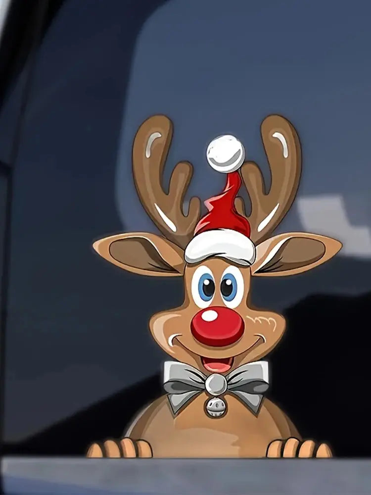 Yılbaşı Araba Sticker | Noel Baba Şapkalı Geyik Cam Dekoru Sticker Master