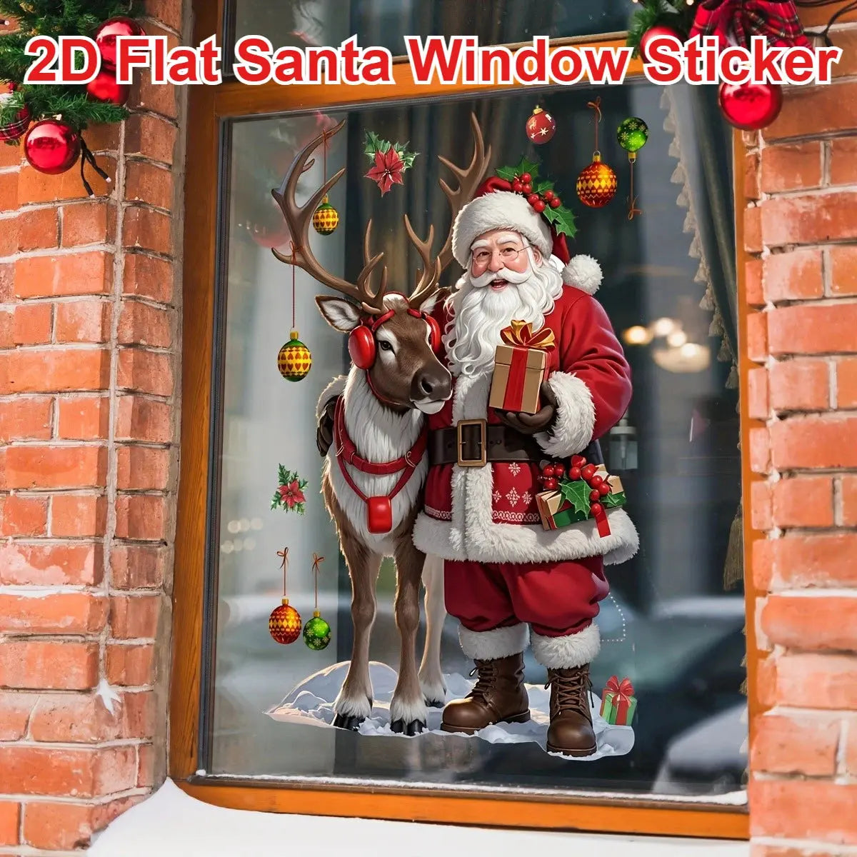 Yılbaşı Cam Stickerı - Noel Baba ve Geyik Desenli (Çift Taraflı) - Sticker Master