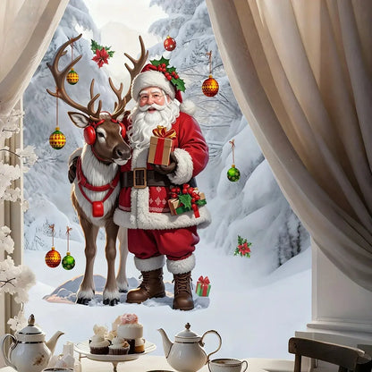 Yılbaşı Cam Stickerı - Noel Baba ve Geyik Desenli (Çift Taraflı) - Sticker Master