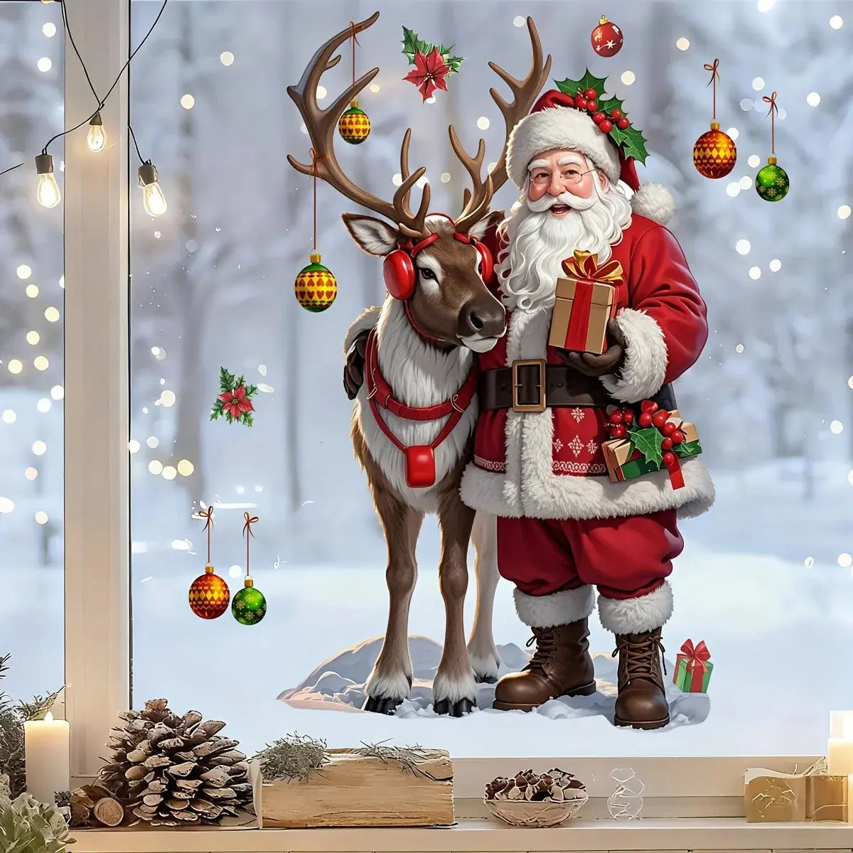 Yılbaşı Cam Stickerı - Noel Baba ve Geyik Desenli (Çift Taraflı) - Sticker Master