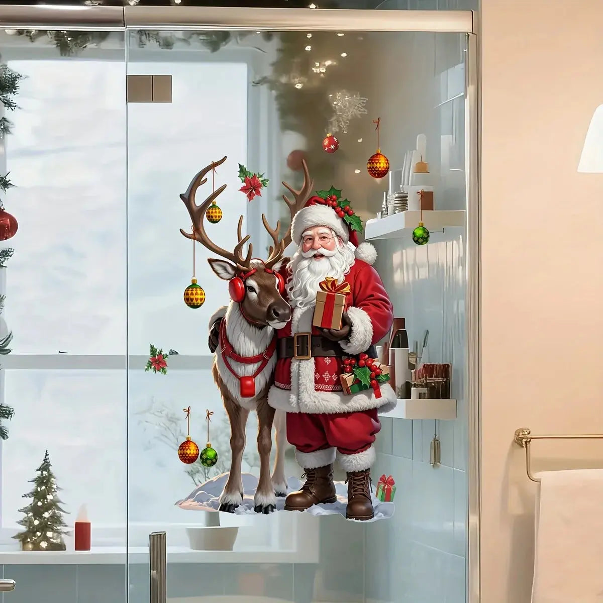 Yılbaşı Cam Stickerı - Noel Baba ve Geyik Desenli (Çift Taraflı) - Sticker Master