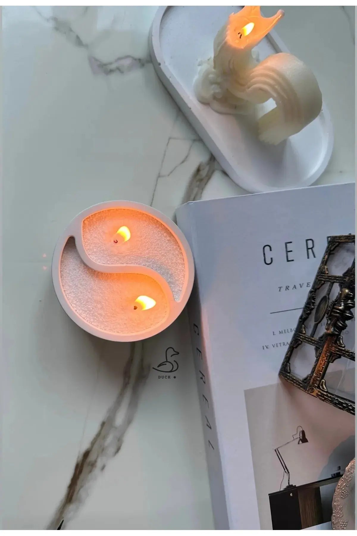 Sticker Master Ying Yang Dekoratif Çift Fitilli İnci Tozlu Dekoratif Beton Mumluk, Modern Tasarım - Sticker Master