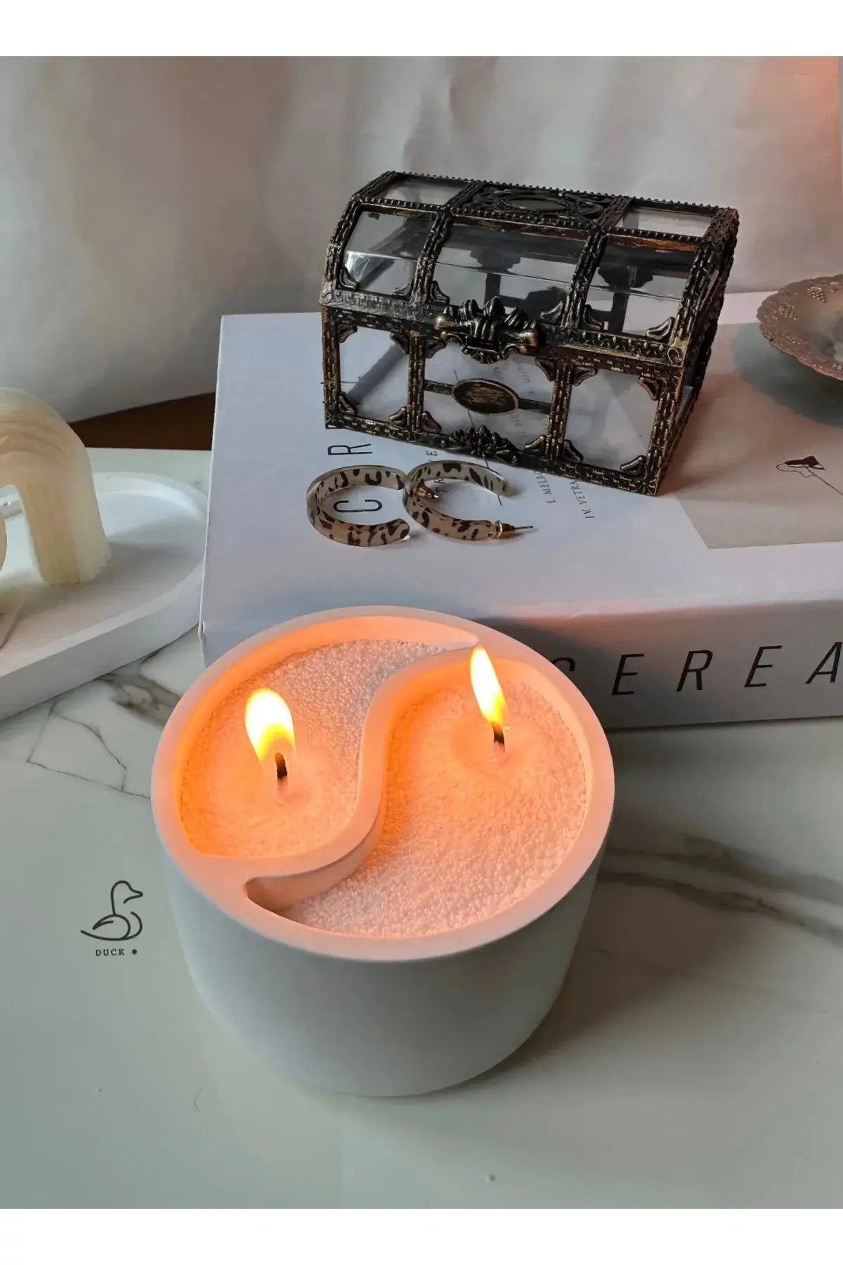 Sticker Master Ying Yang Dekoratif Çift Fitilli İnci Tozlu Dekoratif Beton Mumluk, Modern Tasarım - Sticker Master