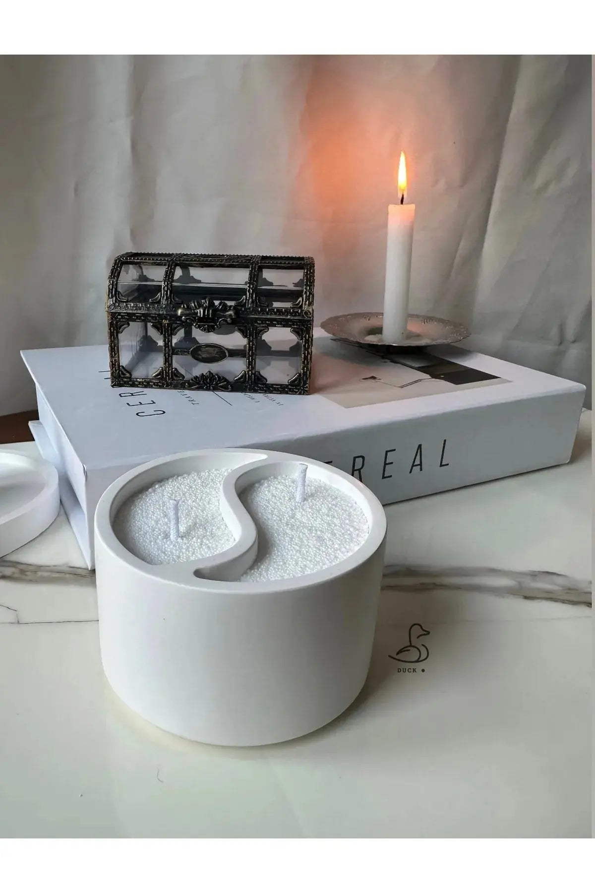 Sticker Master Ying Yang Dekoratif Çift Fitilli İnci Tozlu Dekoratif Beton Mumluk, Modern Tasarım - Sticker Master