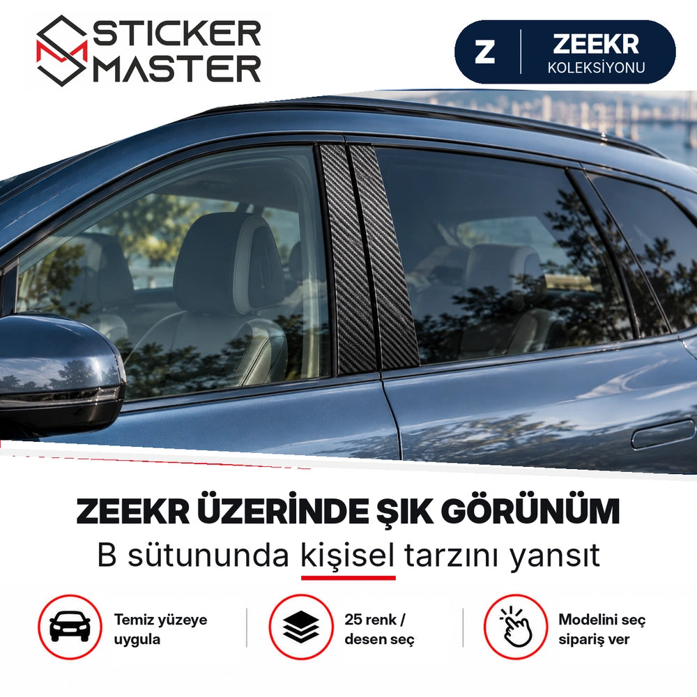 Zeekr aracın B sütununda karbon görünümlü sticker uygulaması, temsili yakın plan
