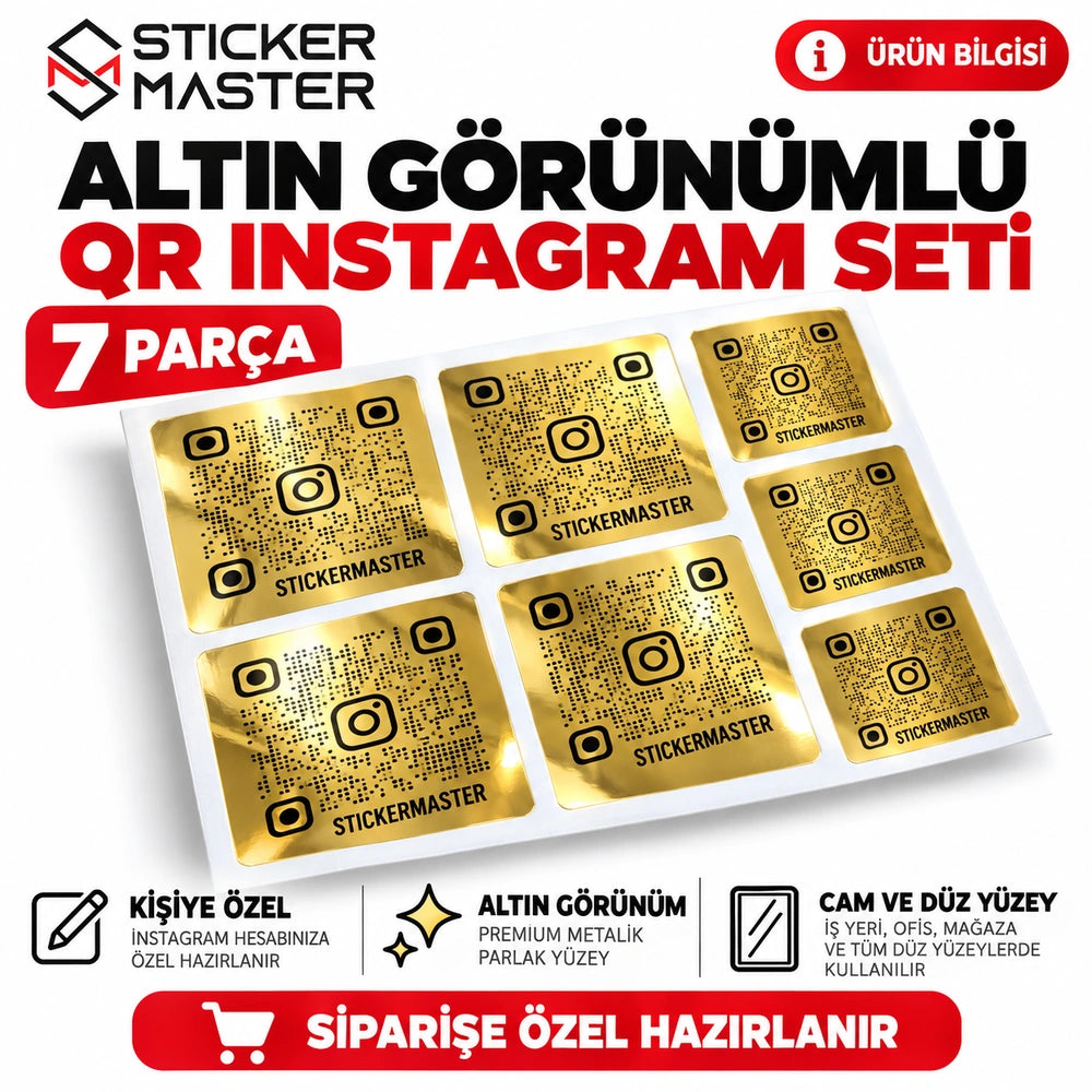 Altın Görünümlü QR Instagram Sticker Seti 7 Parça – kişiye özel parlak altın tasarım ana görseli, temsili QR kod