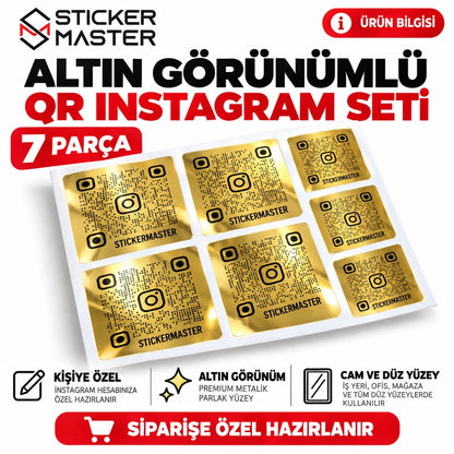 Altın Görünümlü QR Instagram Sticker Seti 7 Parça – kişiye özel parlak altın tasarım ana görseli, temsili QR kod