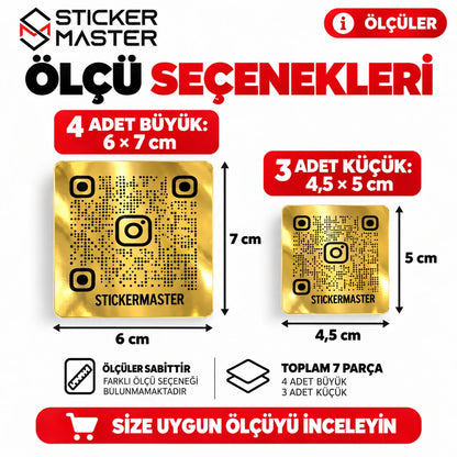 Altın Görünümlü QR Instagram Sticker – 4 büyük 6×7 cm ve 3 küçük 4,5×5 cm ölçü bilgileri