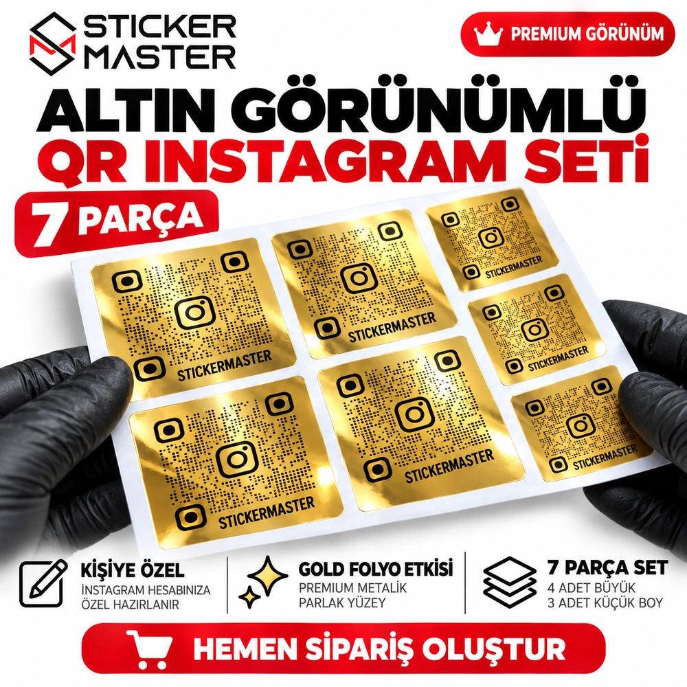 Altın Görünümlü QR Instagram Seti – parlak altın tasarım örnek ürün görünümü, temsili QR kod