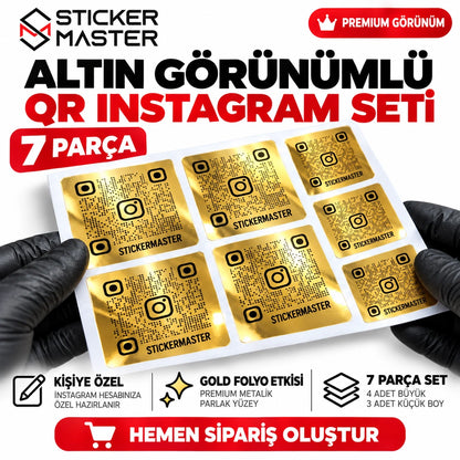 Altın Görünümlü QR Instagram Seti – parlak altın tasarım örnek ürün görünümü, temsili QR kod