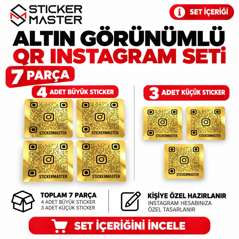 Altın Görünümlü QR Instagram Sticker Seti – 4 büyük 3 küçük 7 parça paket içeriği
