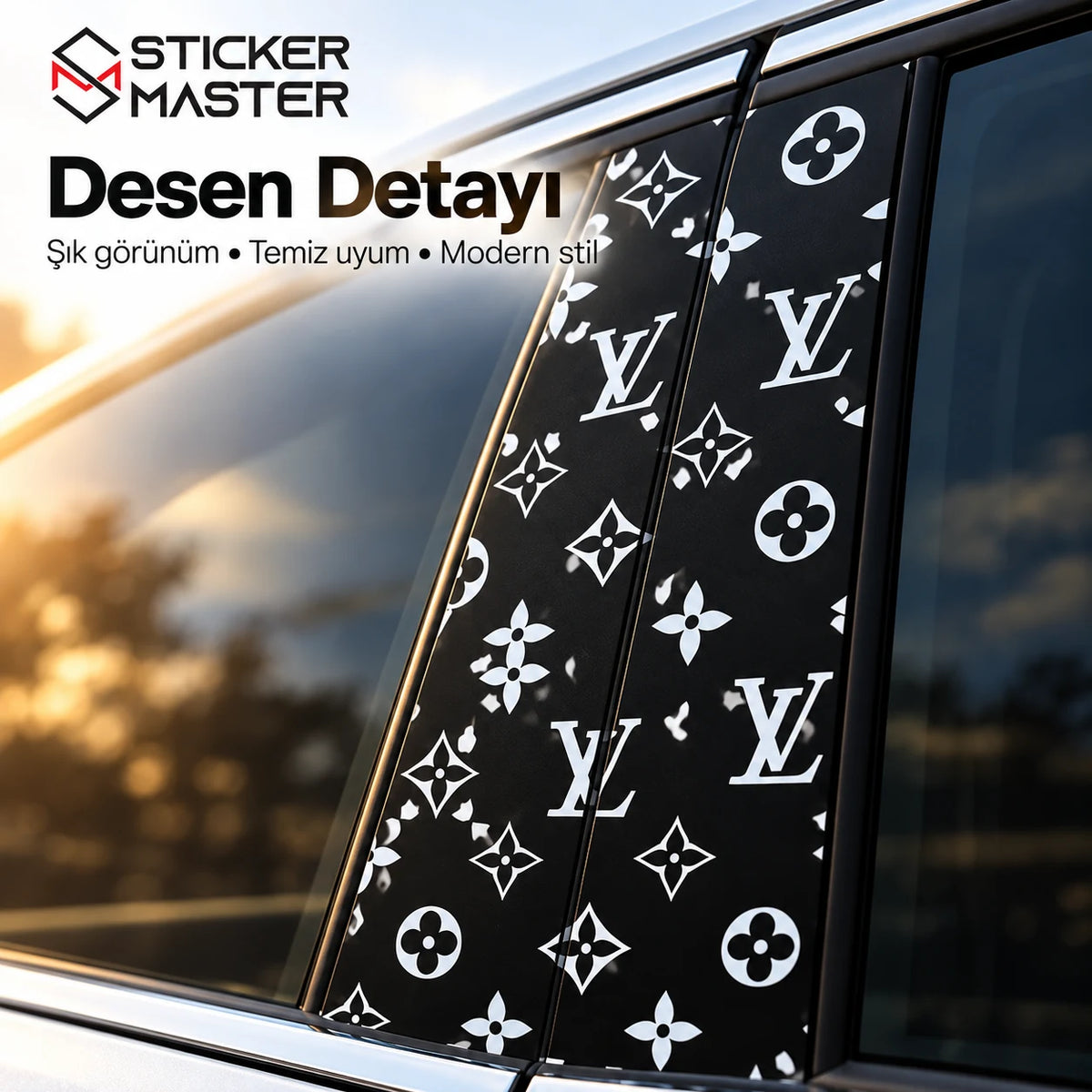 Monogram desenli araç kapı direği sticker desen detayı