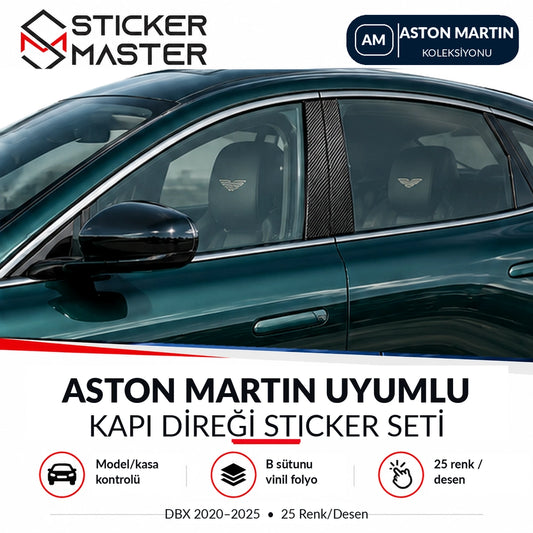 Aston Martin DBX kapı direği sticker seti ana ürün; yalnızca B sütununda karbon desenli görünüm