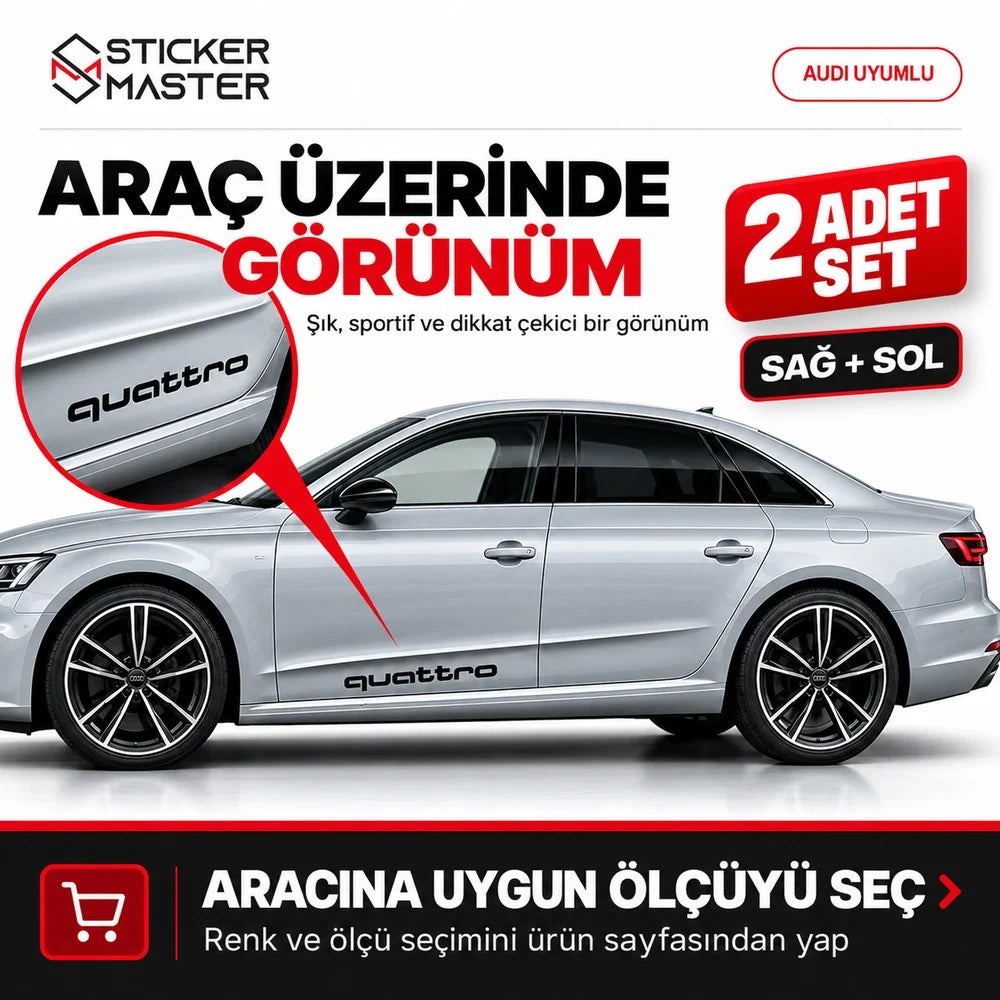 Audi Quattro yan kapı sticker 2 adet set araç üzerinde şık görünüm