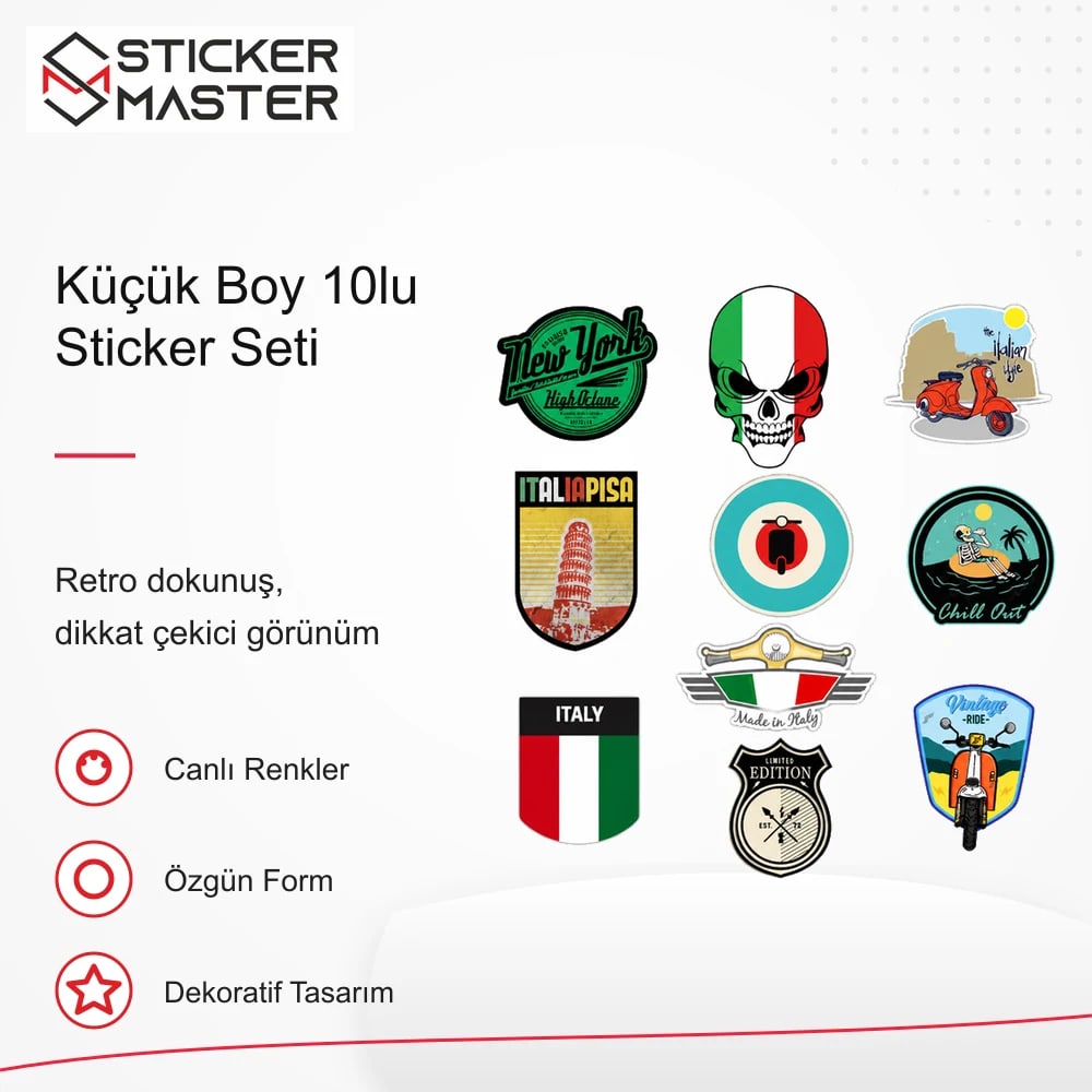 Vespa Uyumlu BDLS17 Küçük Boy 10lu Sticker Seti VSP3457D9A91C retro tasarım ve kullanım özellikleri - Sticker Master
