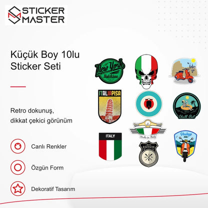 Vespa Uyumlu BDLS17 Küçük Boy 10lu Sticker Seti VSP3457D9A91C retro tasarım ve kullanım özellikleri - Sticker Master