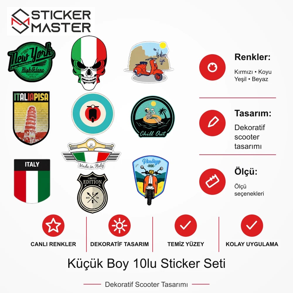 Vespa Uyumlu BDLS17 Küçük Boy 10lu Sticker Seti VSP3457D9A91C ölçü, renk ve ürün bilgisi - Ürün seçeneklerine göre hazırlanır - Sticker Master