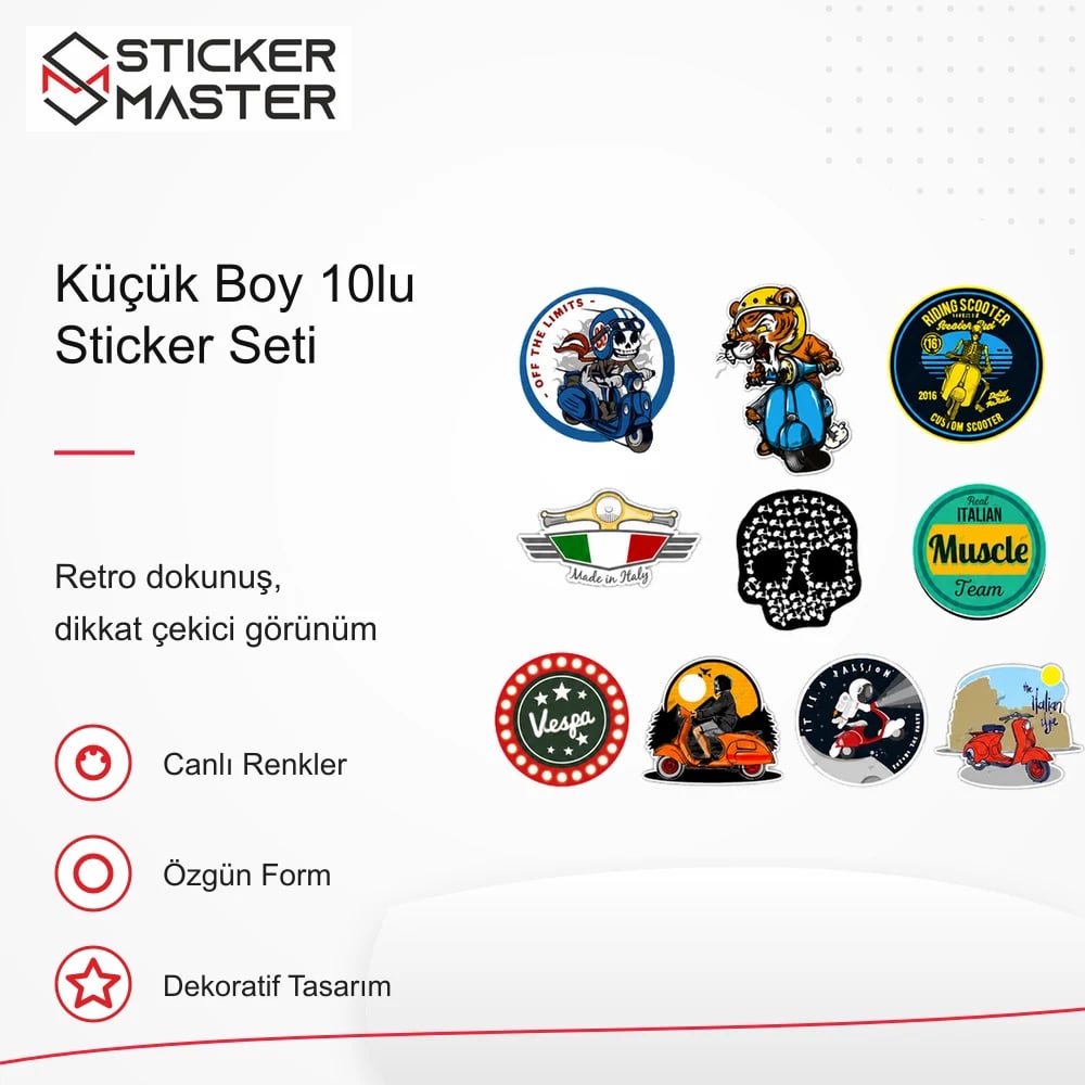 Vespa Uyumlu BDLS21 Küçük Boy 10lu Sticker Seti VSPBB9427F85C retro tasarım ve kullanım özellikleri - Sticker Master