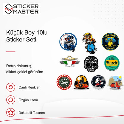 Vespa Uyumlu BDLS21 Küçük Boy 10lu Sticker Seti VSPBB9427F85C retro tasarım ve kullanım özellikleri - Sticker Master