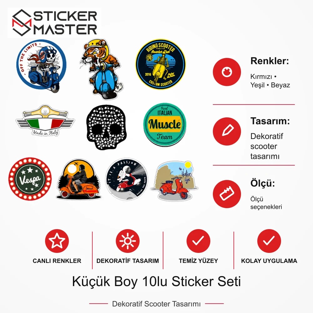 Vespa Uyumlu BDLS21 Küçük Boy 10lu Sticker Seti VSPBB9427F85C ölçü, renk ve ürün bilgisi - Ürün seçeneklerine göre hazırlanır - Sticker Master