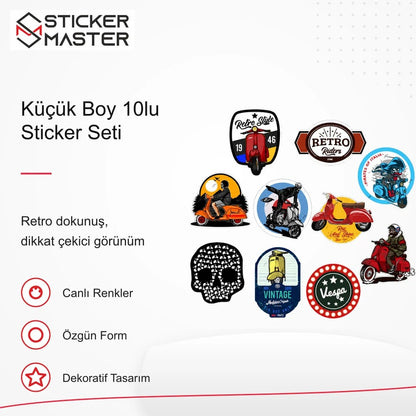 Vespa Uyumlu BDLS22 Küçük Boy 10lu Sticker Seti VSP354ED86457 retro tasarım ve kullanım özellikleri - Sticker Master