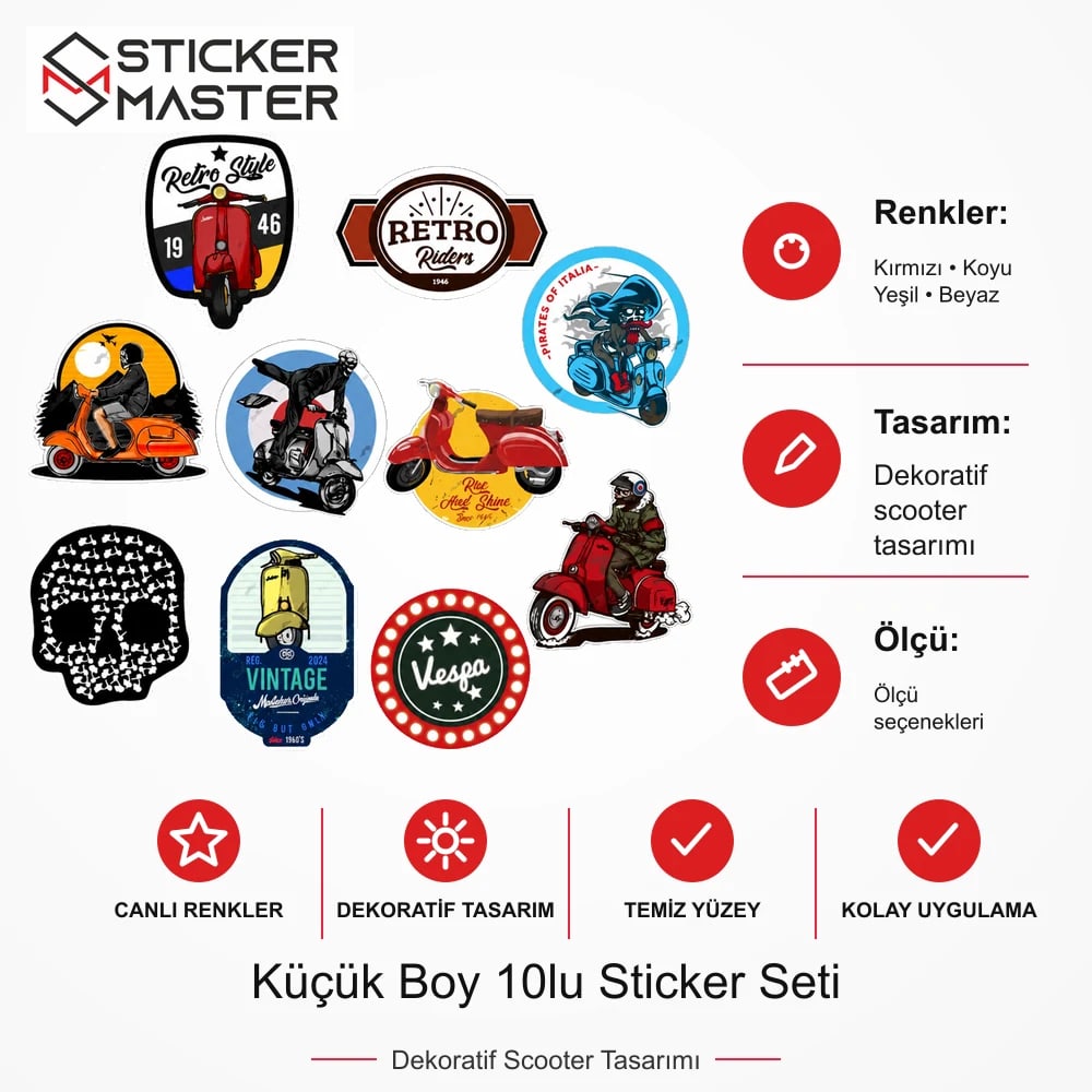 Vespa Uyumlu BDLS22 Küçük Boy 10lu Sticker Seti VSP354ED86457 ölçü, renk ve ürün bilgisi - Ürün seçeneklerine göre hazırlanır - Sticker Master