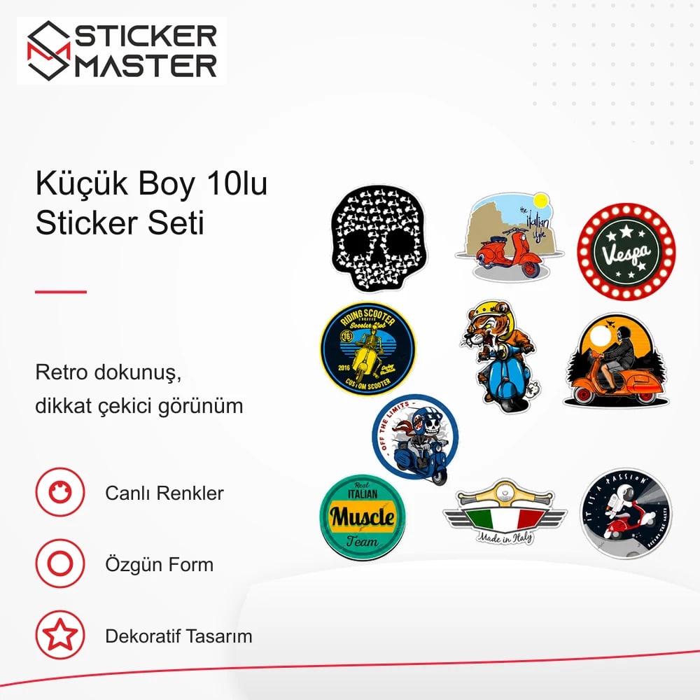 Vespa Uyumlu BDLS26 Küçük Boy 10lu Sticker Seti VSPE84F2F38B6 retro tasarım ve kullanım özellikleri - Sticker Master
