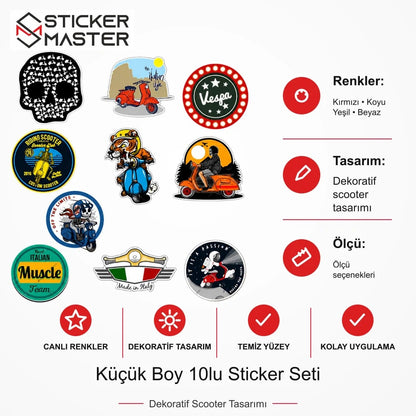 Vespa Uyumlu BDLS26 Küçük Boy 10lu Sticker Seti VSPE84F2F38B6 ölçü, renk ve ürün bilgisi - Ürün seçeneklerine göre hazırlanır - Sticker Master
