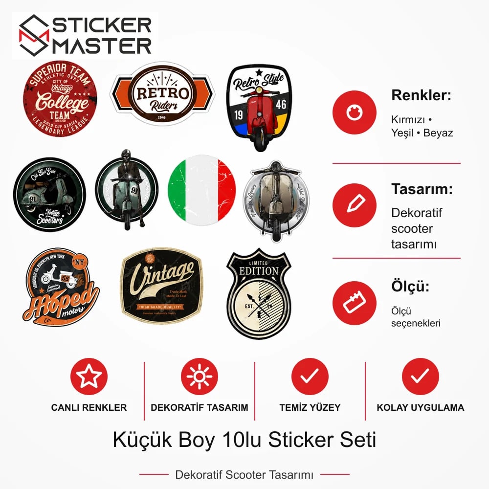 Vespa Uyumlu BDLS27 Küçük Boy 10lu Sticker Seti ölçü, renk ve ürün bilgisi - Ürün seçeneklerine göre hazırlanır - Sticker Master