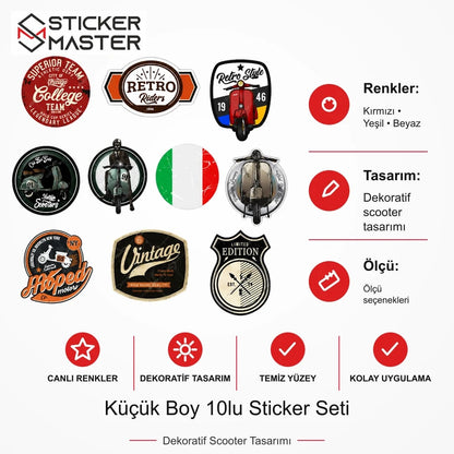 Vespa Uyumlu BDLS27 Küçük Boy 10lu Sticker Seti ölçü, renk ve ürün bilgisi - Ürün seçeneklerine göre hazırlanır - Sticker Master