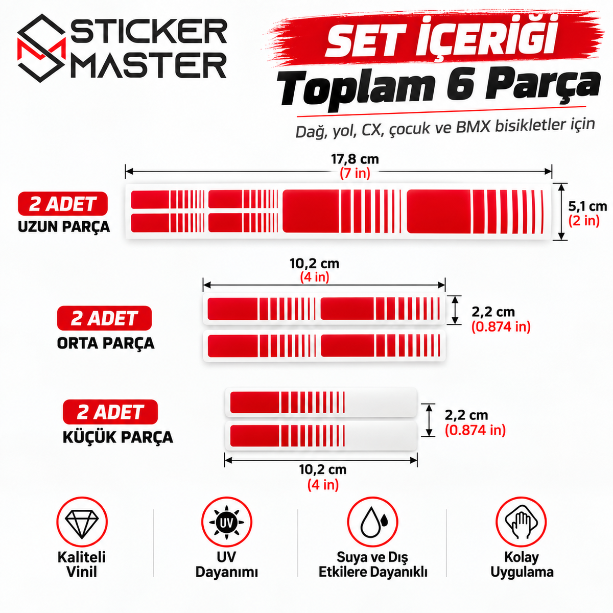 Bisiklet kadro şerit sticker set içeriği ve cm inç ölçüleri