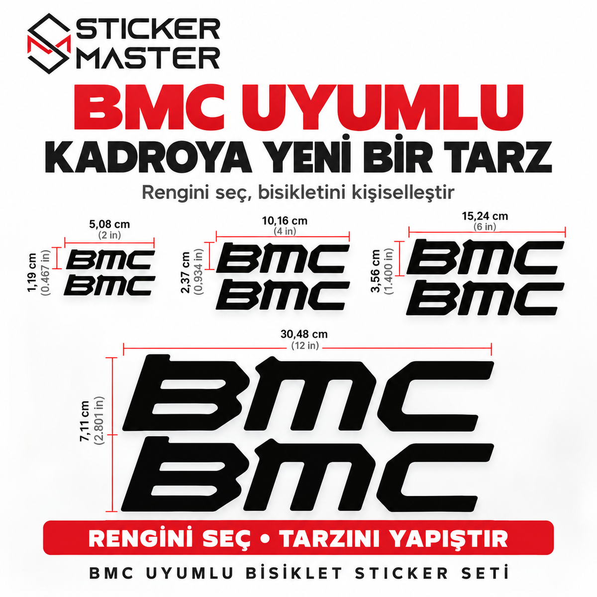 BMC uyumlu bisiklet kadro sticker seti - ölçüler cm ve inç