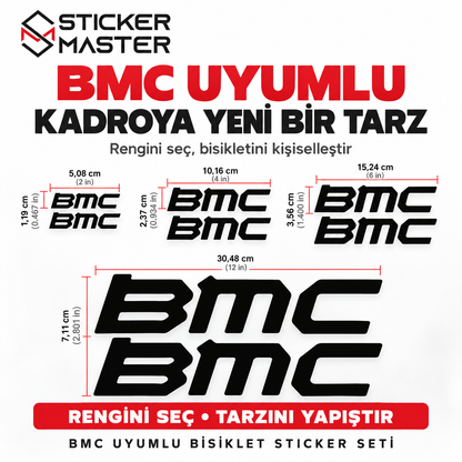 BMC uyumlu bisiklet kadro sticker seti - ölçüler cm ve inç