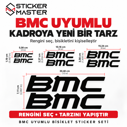 BMC uyumlu bisiklet kadro sticker seti - ölçüler cm ve inç