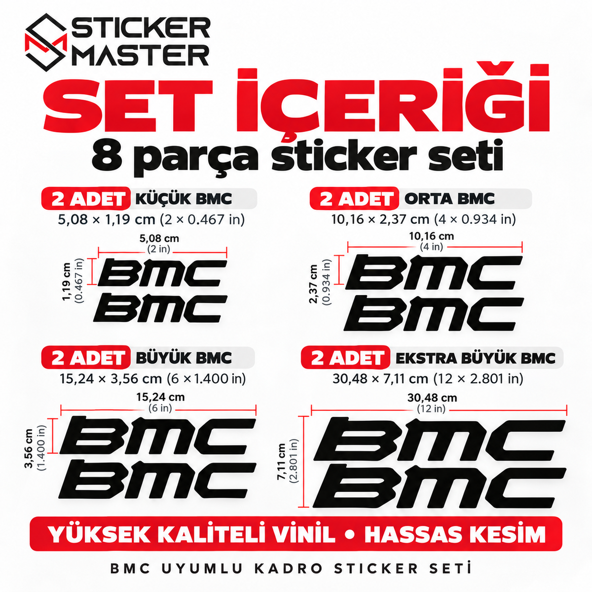 BMC bisiklet sticker set içeriği - 8 parça ve ölçüler