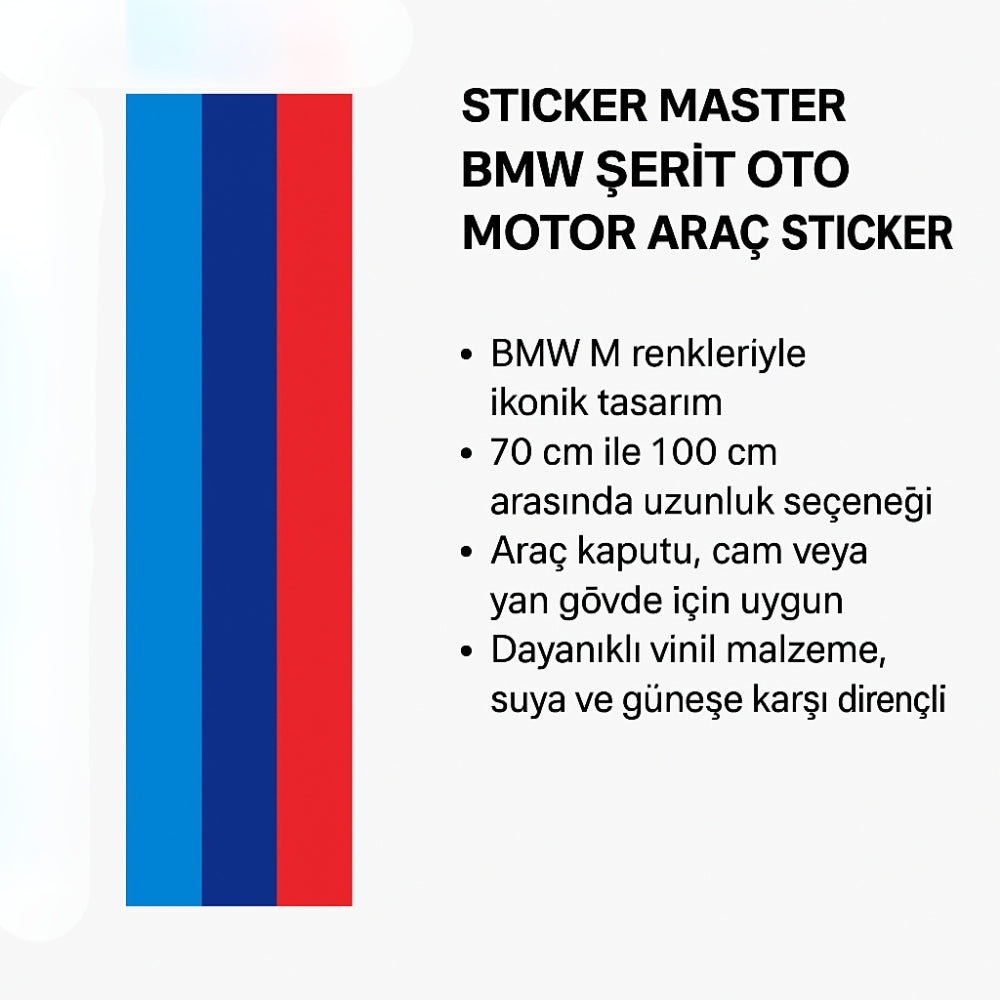 Sticker Master BMW Şerit Oto Motor Araç Sticker Etiket – M Renkli Tasarım (70 cm - 100 cm)