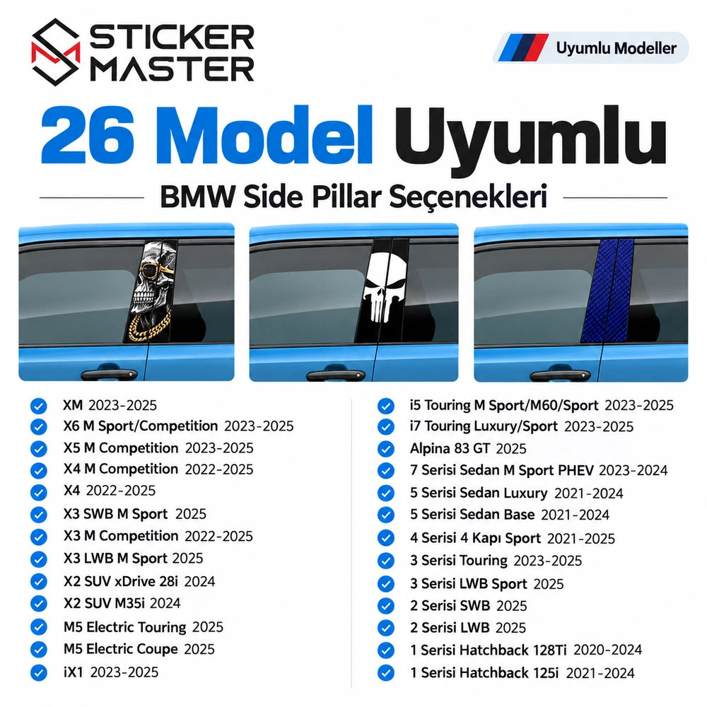 BMW Side Pillar uyumlu 26 araç modeli ve model yılı listesi