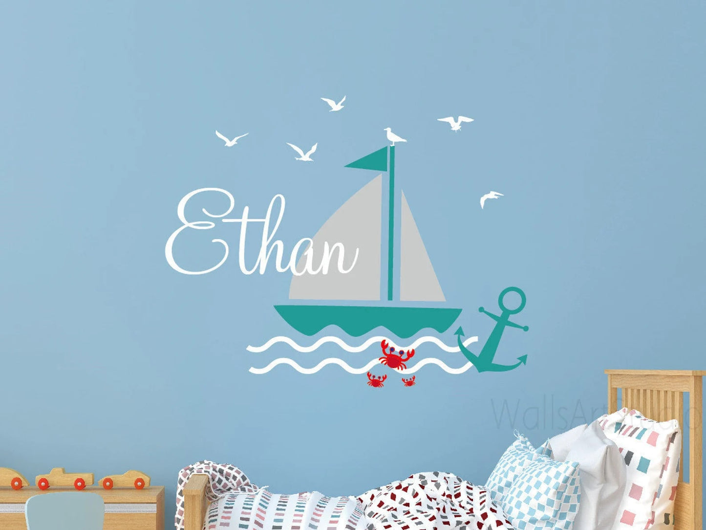 Kişiye Özel Erkek Çocuk İsimli Yelkenli ve Çapa Duvar Stickeri