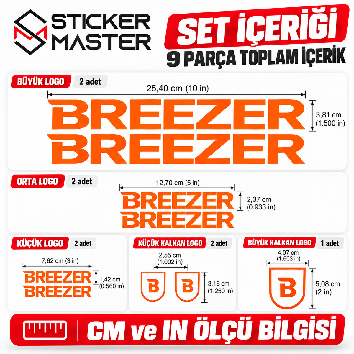 Breezer sticker set içeriği ve cm inç ölçüleri