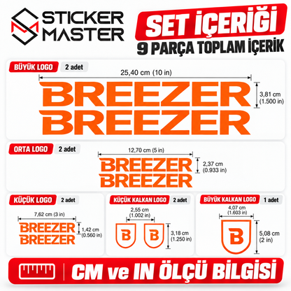 Breezer sticker set içeriği ve cm inç ölçüleri