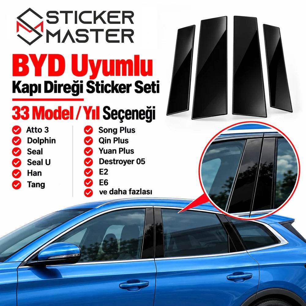BYD uyumlu kapı direği sticker seti 33 model yıl siyah vinil folyo ana ürün görseli