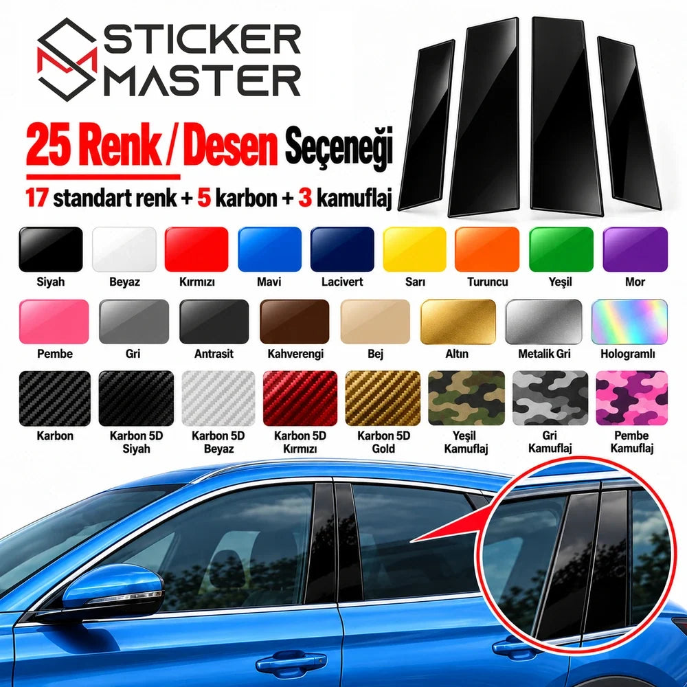 BYD kapı direği sticker 25 renk ve desen 17 standart 5 karbon 3 kamuflaj