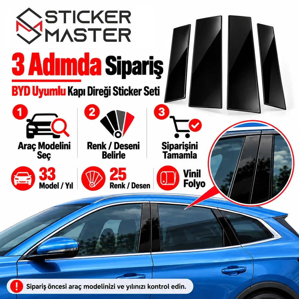 BYD uyumlu kapı direği sticker seti kolay model yılı folyo seçimi