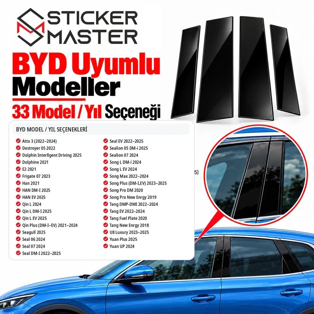 BYD kapı direği sticker 33 model yıl seçeneği Atto 3 Dolphin Seal Han Song Tang
