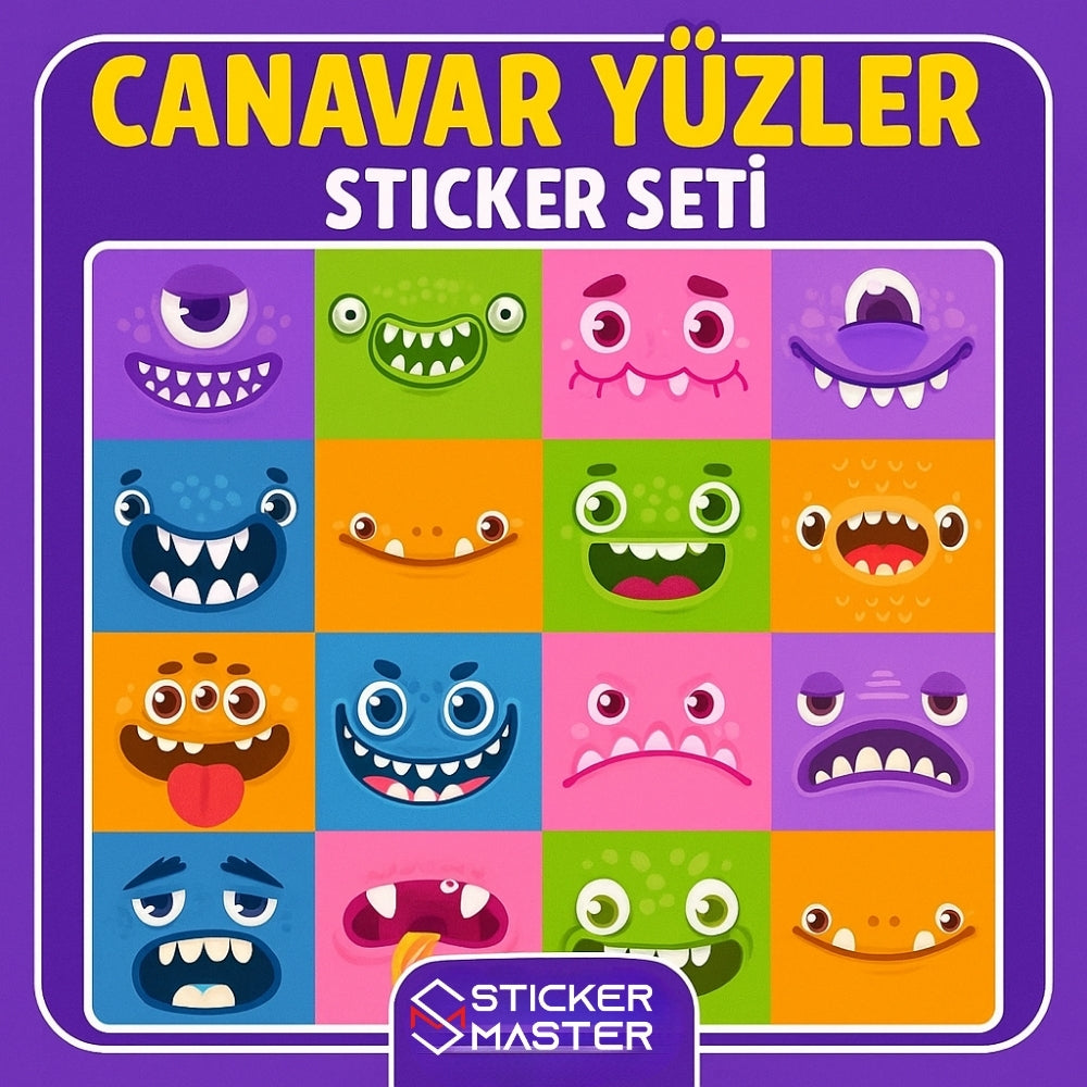 Sticker Master – Sevimli Canavar Yüzleri Sticker Seti (16 Adet × 5 cm)