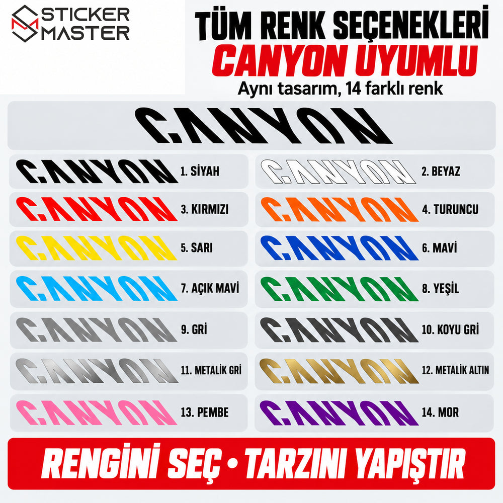 Canyon uyumlu kadro sticker setinin 14 renk seçeneği