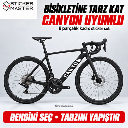 Canyon uyumlu beyaz stickerların siyah bisiklet üzerinde örnek uygulaması