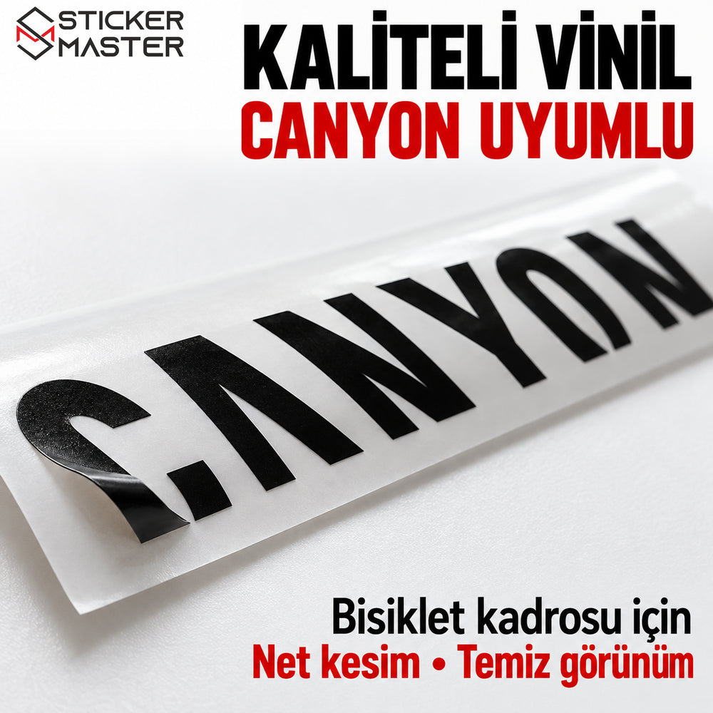 Kaliteli siyah vinilden üretilen Canyon uyumlu logo stickerın yakın plan detayı